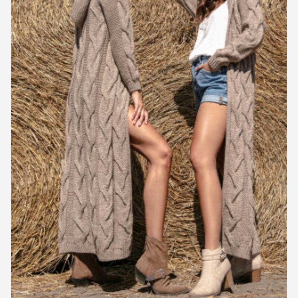 Shine New York Long Textured Knit Cardigan - Open front - Beige - Size M